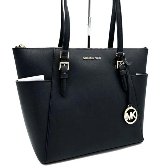 Michael Kors Large Charlotte Tote Bag Leather Black/Gold - Picture 3 of 12